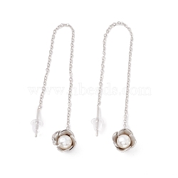 Flower with Plastic Pearl Long Dangle Stud Earrings, 304 Stainless Steel Ear Thread for Women, Stainless Steel Color, 100mm, Pin: 1mm(EJEW-A067-08P)