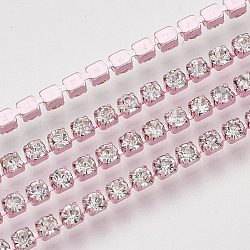 Electrophoresis Iron Rhinestone Strass Chains, Crystal Rhinestone Cup Chains, with Spool, Pink, SS8.5 Rhinestone, 2.4~2.5mm, about 10yards/roll(CHC-Q009-SS8.5-A02)