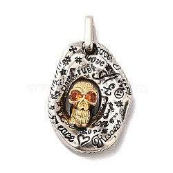 Rack Plating Brass Micro Pave Cubic Zirconia with Sea shell Pendants, Cadmium Free & Lead Free, Oval with Skull, Antique Silver & Golden, 28.5x20x7mm, Hole: 6.3x3mm(KK-Q795-15B-AS)