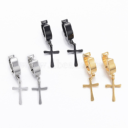 304 Stainless Steel Clip-on Earrings, Hypoallergenic Earrings, Cross, Mixed Color, 32mm(EJEW-H351-17)