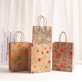 Flower Printed Paper Shopping Bags with Handle, Gift Tote, Rectangle, Mixed Color, 15x8x21cm, 10pcs/set
