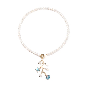 Starfish and Shell Pendant Necklace with Grade A Natural Pearl for Women, Colorful, Inner Diameter: 5.61 inch(14.25cm)