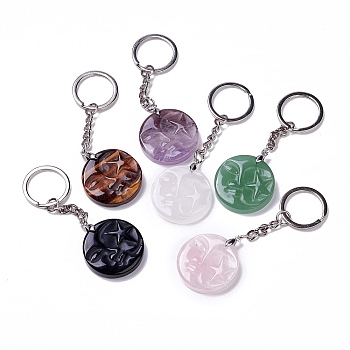 Flat Round with Moon & Star Natural Gemstone Pendant Keychain, with Alloy & Brass Findings, 3.50 inch(8.9cm)