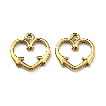 Ion Plating(IP) 316L Surgical Stainless Steel Charms, Heart with Arrow Charm, Real 18K Gold Plated, 14x14x2mm, Hole: 1.4mm