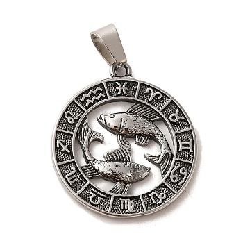 304 Stainless Steel Pendants, Flat Round with Twelve Constellations Charms, Antique Silver, Pisces, 28x25x2mm, Hole: 7x5mm