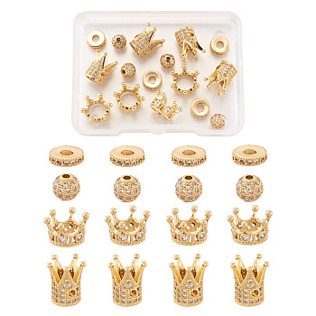 Brass Micro Pave Clear Cubic Zirconia Beads, Crown & Round & Flat Round, Golden, 6~13x2~10mm, Hole: 1~7mm, 16pcs/box