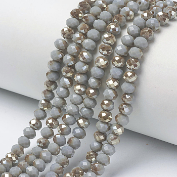 Electroplate Opaque Solid Color Glass Beads Strands, Half Plated, Rainbow Plated, Faceted, Rondelle, Gray, 4x3mm, Hole: 0.4mm, about 123~127pcs/strand, 16.5~16.9 inch(42~43cm)