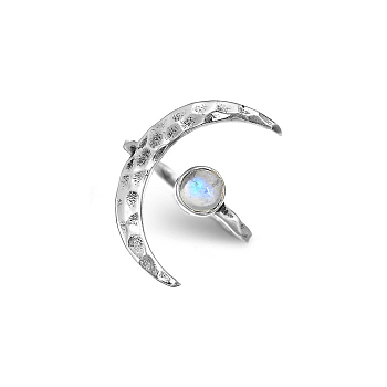 Natural Moonstone with Crescent Moon Open Cuff Ring, Alloy Jewelry for Women, Silver, Inner Diameter: 20mm