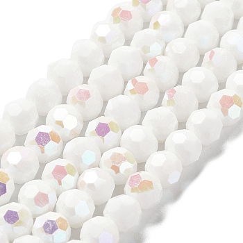 Opaque Glass Beads Strands, Faceted, Round, White, 10x9mm, Hole: 1.3mm, about 65~68pcs/strand, 24.13~24.21''(61.3~61.5cm)