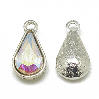 Alloy Glass Pendants, Faceted, teardrop, Platinum, Clear AB, 18x10x5mm, Hole: 2mm