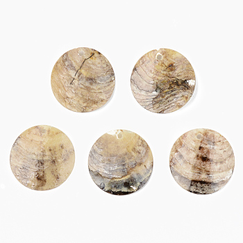 Natural Akoya Shell Pendants, Mother of Pearl Shell Pendants, Flat Round, Camel, 25x2~5mm, Hole: 1.6mm