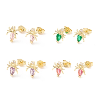 Brass Micro Pave Cubic Zirconia Stud Earring, Real 18K Gold Plated, Spider, Mixed Color, 9.5x8mm, Pin: 1mm