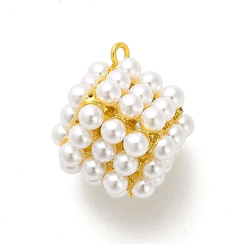 Rack Plating Brass with Plastic Pearl Pendants, Long-Lasting Plated, Lead Free & Cadmium Free, Cube Charms, Real 18K Gold Plated, 21.5x17.5x19.5mm, Hole: 1.8mm