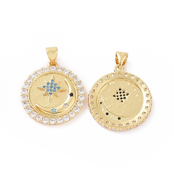 Brass Micro Pave Cubic Zirconia Pendants, Flat Round with Crescent Moon & Star Charm, Golden, 27x20x3mm, Hole: 5x3mm