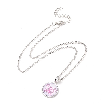 Glass Flat Round Pendant Necklace with Brass Chain, Breast Cancer Awareness Ribbon Jewelry for Women, Flower Pattern, 18.70 inch(47.5cm)