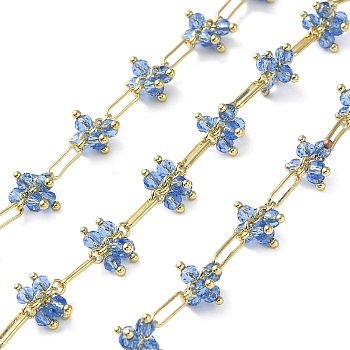 Rack Plating Real 18K Gold Plated Brass Oval Link Chains, with Glass Flower Charms, Soldered, with Spool, Lead Free & Cadmium Free, Cornflower Blue, 8x2x0.9mm