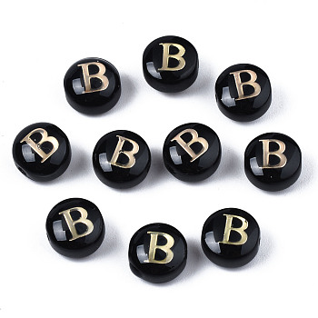 Handmade Lampwork Beads, with Golden Plated Brass Etched Metal Embellishments, Flat Round with Alphabet, Letter.B, 8x5mm, Hole: 0.8mm