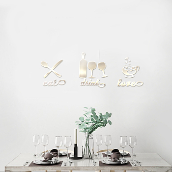 Acrylic Wall Stickers, for Home Living Room Bedroom Decoration, Rectangle with Tableware Pattern, Silver, 375x360mm