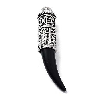 Tibetan Style Alloy Resin Big Pendants, Horn Charms, Black, Antique Silver, 70x20x15mm, Hole: 5mm