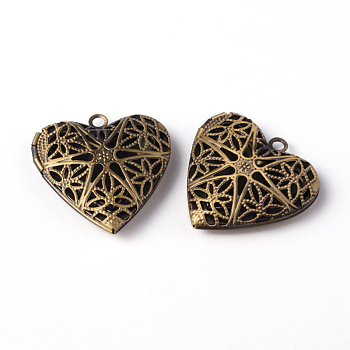 Brass Diffuser Locket Pendants, Picture Frame Charms for Necklace, Antique Bronze, Heart, about 26mm in diameter, hole: 2mm