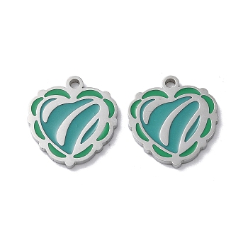 304 Stainless Steel Pendants, with Enamel, Heart Charm, Stainless Steel Color, 16x15x1.5mm, Hole: 1.5mm