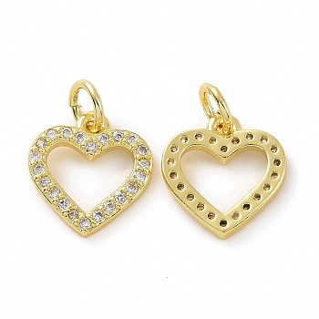 Brass Micro Pave Cubic Zirconia Charms, Real 18K Gold Plated, with Jump Ring, Heart, Clear, 12x11x1.6mm, Jump Ring: 5x0.8mm, Inner Diameter: 3.2mm