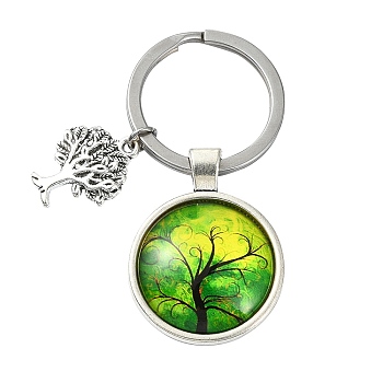 Alloy Glass Keychains, with 304 Stainless Steel Keychain Clasps, Flat Round, Green Yellow, 6.2cm