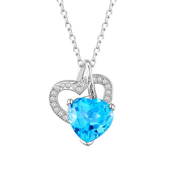 SHEGRACE 925 Sterling Silver Pendant Necklace, with Micro Pave Cubic Zirconia, Heart, Blue, 15.7 inch(40cm)