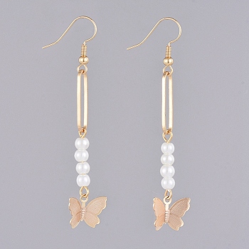 Dangle Earrings, with Glass Pearl Beads, Brass Pendants and Earring Hooks, Butterfly, Real 18K Gold Plated, 66.5mm, Pin: 0.7mm