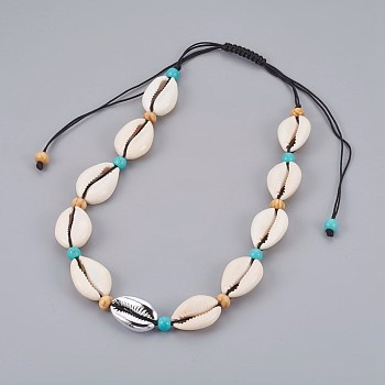 Adjustable Cowrie Shell and Synthetic Turquoise Beaded Necklaces, with Electroplated Sea Shell Beads and Wood Beads, Nylon Cord, Silver, 13~25.2 inch(33~64cm)