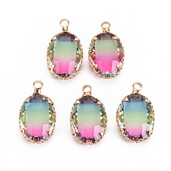 Gradient Color Glass Pendants, with Brass Prong Settings, Faceted, Oval, Light Gold, Hot Pink, 19x11x5.5mm, Hole: 1.6mm