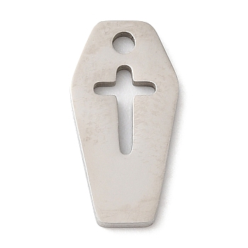 Halloween 201 Stainless Steel Pendants, Coffin with Cross Charm, Stainless Steel Color, 15x7.5x1mm, Hole: 1.5mm