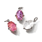 Brass Charms, Oval, with Glass & Loop, Long-Lasting, Lead Free & Cadmium Free, Platinum, Faceted, Mixed Color, 13.5x8.5x4.5mm, Hole: 2mm(KK-Q043-06P)
