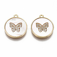 Brass Micro Pave Clear Cubic Zirconia Pendants, with Natural Shell and Loops, Nickel Free, Flat Round with Butterfly, Real 18K Gold Plated, 18.5x16x2mm, Hole: 1.5mm(KK-S360-034-NF)