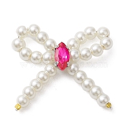Plastic Pearl Beads Pendants, with Rack Plating Brass Loops Micro Pave Cubic Zirconia, Long-Lasting Plated, Lead Free & Cadmium Free, Bowknot, Fuchsia, 27~29x24~27.5x3.5mm, Hole: 6.8mm(KK-H463-06P-04)