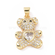 Brass Micro Pave Cubic Zirconia Pendants, with Glass, Bear with Heart Charm, Golden, Clear, 20.5x15x5mm, Hole: 5.5x3.5mm(KK-C012-04G-08)