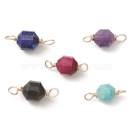 Natural Mixed Gemstone Copper Wire Wrapped Connector Charms, Faceted Bicone Barrel Drum Links, Golden, 13~16x5~6x5~6mm, Hole: 1.8~2.4mm(PALLOY-JF02172)
