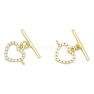 Brass Micro Pave Clear Cubic Zirconia Toggle Clasps, Nickel Free, Heart, Real 14K Gold Plated, 18.5mm, Bar: 4.5x19.5x2mm, Hole: 1.4mm, Heart: 13x15x2mm, Hole: 1.4mm(KK-N259-03)