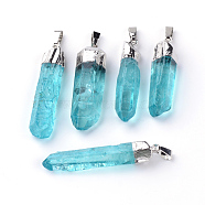 Natural Quartz Pointed Pendants, with Brass Findings, Dyed, Bullet, Platinum, Turquoise, 30~45x7~12x6~11mm, Hole: 7x2mm(X-G-Q481-68B)