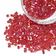 Grade A Glass Seed Beads, Hexagon(Two Cut), Transparent Colours Rainbow, Crimson, 1.5~2.5x1.5~2mm, Hole: 0.8mm, about 2100pcs/bag, 450g/bag(SEED-S022-05I)