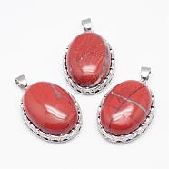 Natural Red Jasper Pendants, with Brass Findings, Oval, Platinum, 30x21x10~11mm, Hole: 6x4mm(G-D851-23)