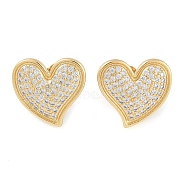 Brass Pave Clear Cubic Zirconia Stud Earrings for Women, Heart, Real 18K Gold Plated, 17.5x18.5mm(EJEW-S225-09G-01)