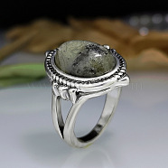 Oval Natural Labradorite Finger Rings, 925 Sterling Silve Rings, Antique Silver, US Size 8(18.1mm)(WG970F5-03)