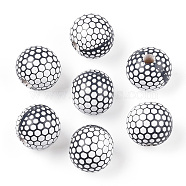 Schima Wood Beads, Golf Ball Printed Round Beads, Large Hole Beads, Slate Gray, 15.5~16.5x14.5~15mm, Hole: 3.5~4.5mm(WOOD-N016-03)