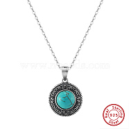 Natural Turquoise Flat Round Pendant Necklaces, Rhodium Plated 925 Sterling Silver Cable Chain Necklaces, Antique Silver & Platinum, 17.91 inch(45.5cm)(NJEW-L125-003ASP)