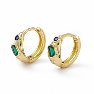 Green Cubic Zirconia Rectangle Beaded Hoop Earrings, Rack Plating Brass Jewelry for Women, Cadmium Free & Nickel Free & Lead Free, Real 18K Gold Plated, 13x14x2.5~6.5mm, Pin: 1mm(EJEW-M210-16G)