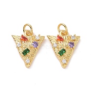 Triangle Brass Micro Pave Colorful Cubic Zirconia Pendants, with Jump Rings, Cadmium Free & Lead Free, Real 18K Gold Plated, 16x13.5x3.5mm, Hole: 3.4mm(KK-G406-41G)