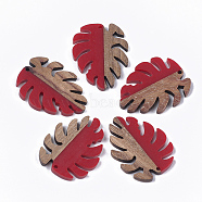 Resin & Walnut Wood Pendants, Tropical Leaf Charms, Monstera Leaf, Red, 37.5x30x3~3.5mm, Hole: 2mm(RESI-S358-57J)