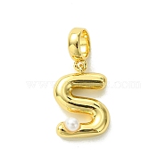 Rack Plating Brass with ABS Plastic Pearl European Dangle Charms, Large Hole Pendants, Long-Lasting Plated, Lead Free & Cadmium Free, Real 18K Gold Plated, Letter S, 24mm long, hole: 5mm, pendant: 16x10.5x5mm(KK-G501-02S-G)