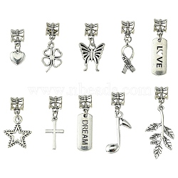 10Pcs 10 Styles Tibetan Style Alloy European Dangle Charms, Large Hole Pendants, Leaf & Heart & Star, Mixed Shapes, Antique Silver, 18~40mm, 1pc/style(PALLOY-FZ00003)